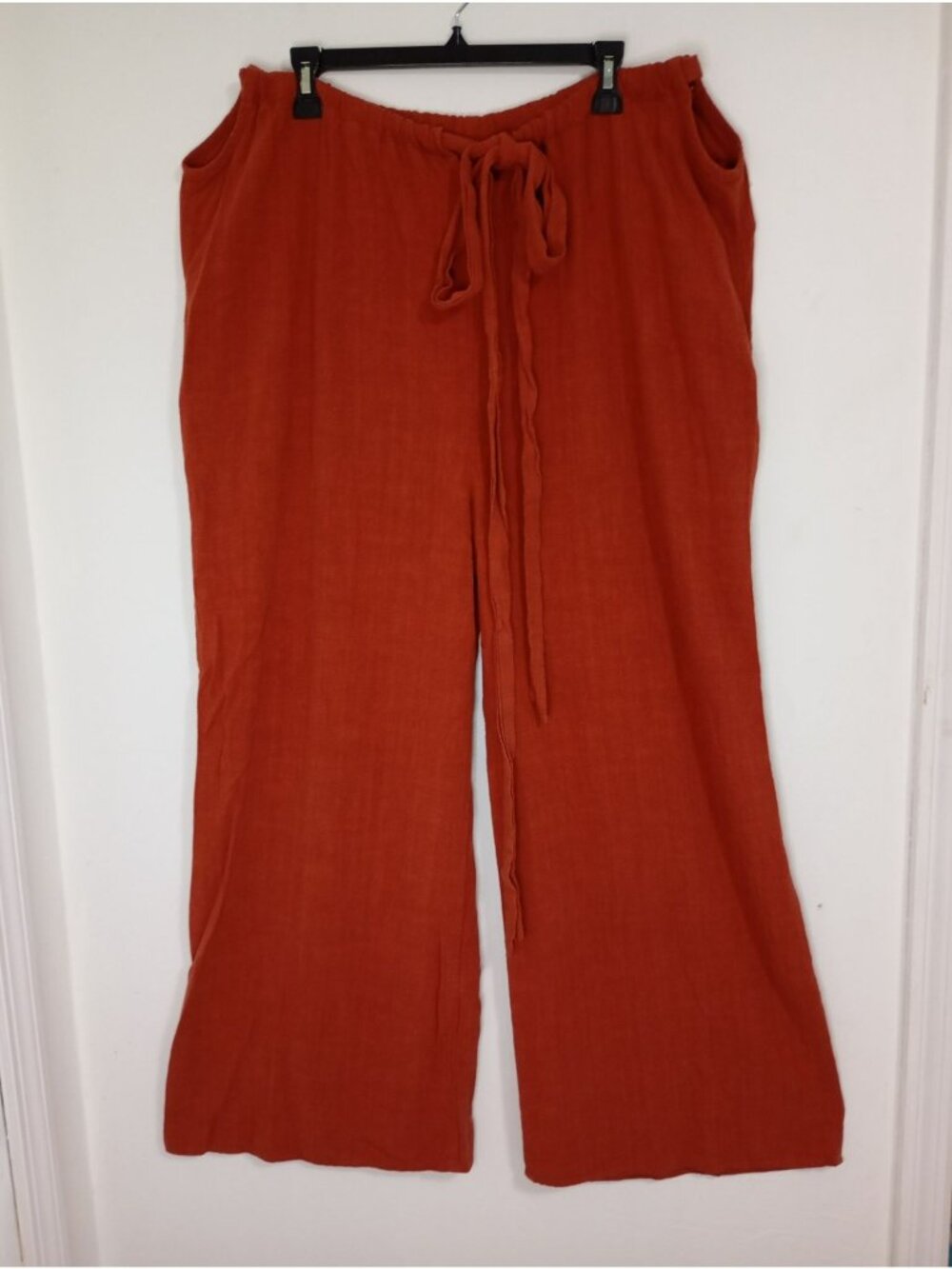 Sozy Rust Wide-Leg Pants L Linen Blend Womens Elastic Waist Tie Soft & Cozy